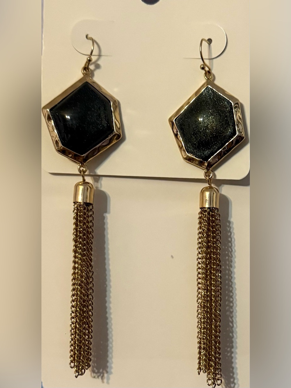Gold Tone Black Geometric Tassel Dangle Drop Hook Earrings Metal Lobe